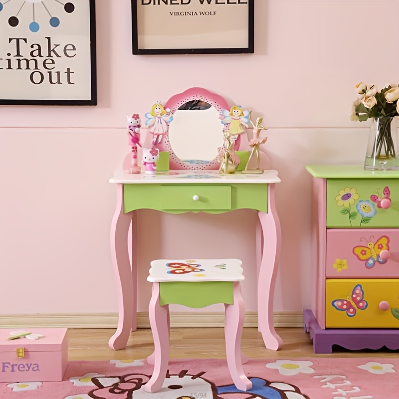 Kids Vanity Set - Princess Deluxe Vanity Table Set 2-in-1 Wooden Writing Desk & Stool, Mirror & Drawer, Perfect for Kids' Pretend Play, Developing Creativity And Fine Motor Skills, Durable Construction, Easy to Assemble, Best for Girls Christmas Gift