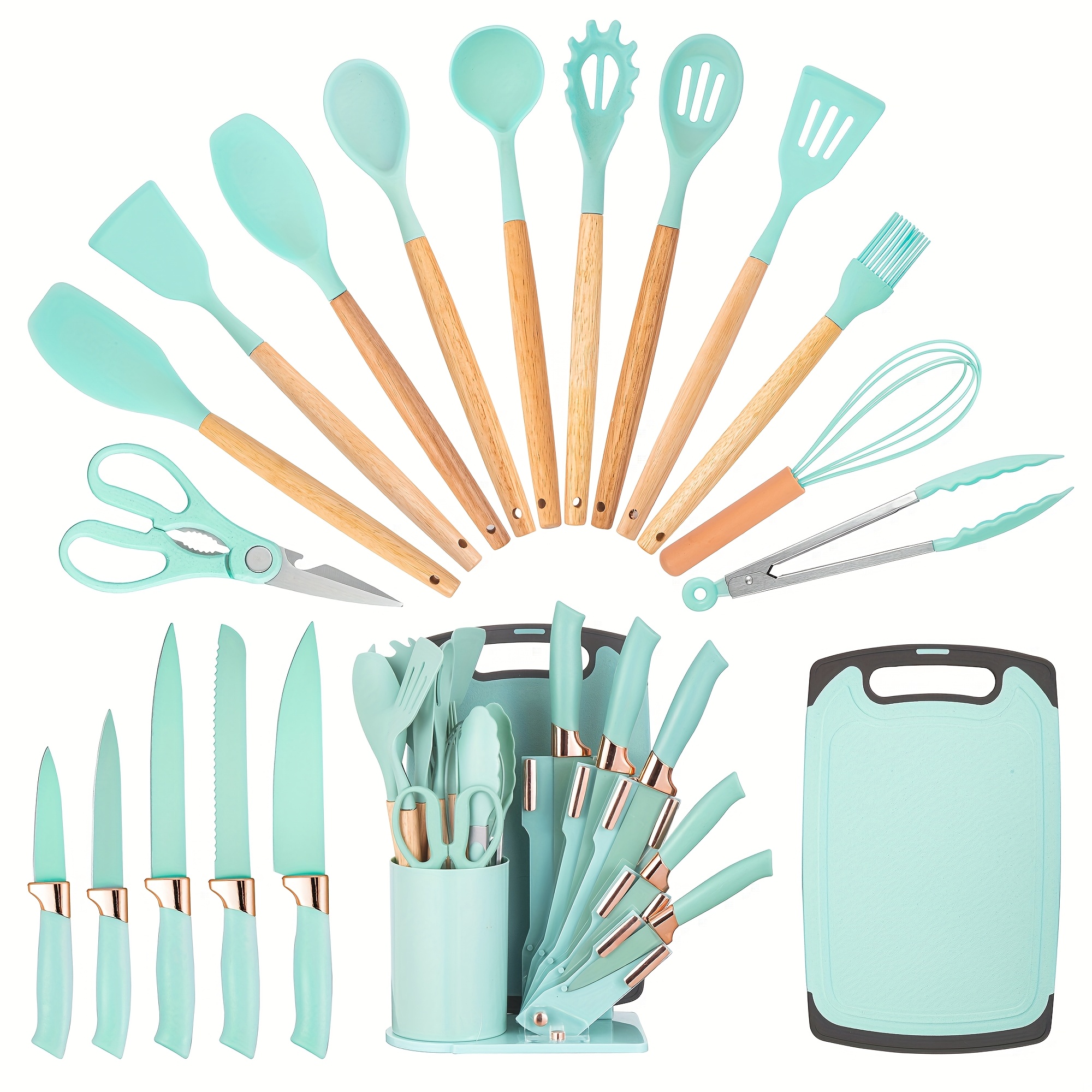 19pcs Kitchen Knife And Utensil Collection, Featuring a Nonstick Black Knife Set with Wooden Grips, Silicone Cooking Tools, a Cutting Board, Scissors, And a Holder, Ideal Gift for Parents