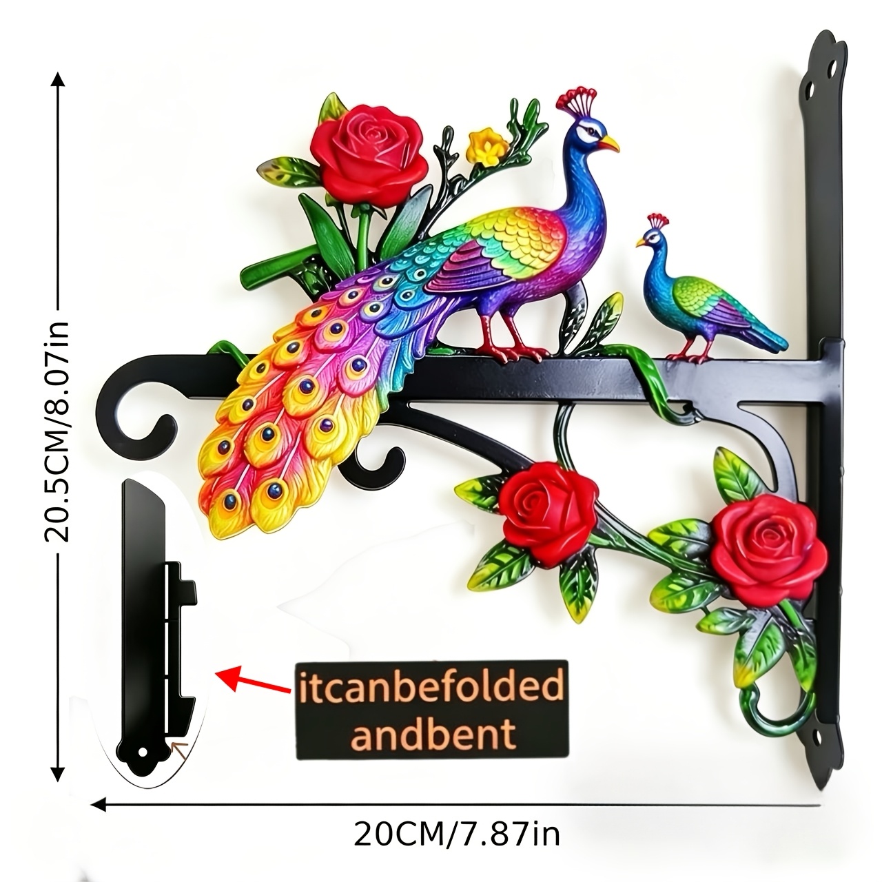 TEMU Wrought Iron Outdoor Hanging Bracket With Colorful Peacock Rose Garland Theme Design, With Mounting Screws, Bright Colors, Beautiful And