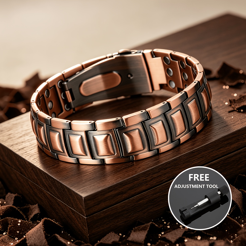 TEMU 1 Raised Rectangular Men's Fashion Bracelet, Vintage Red Copper Geometric Link Chain, Men's Wristband. Used As A Father's Day Or Graduation