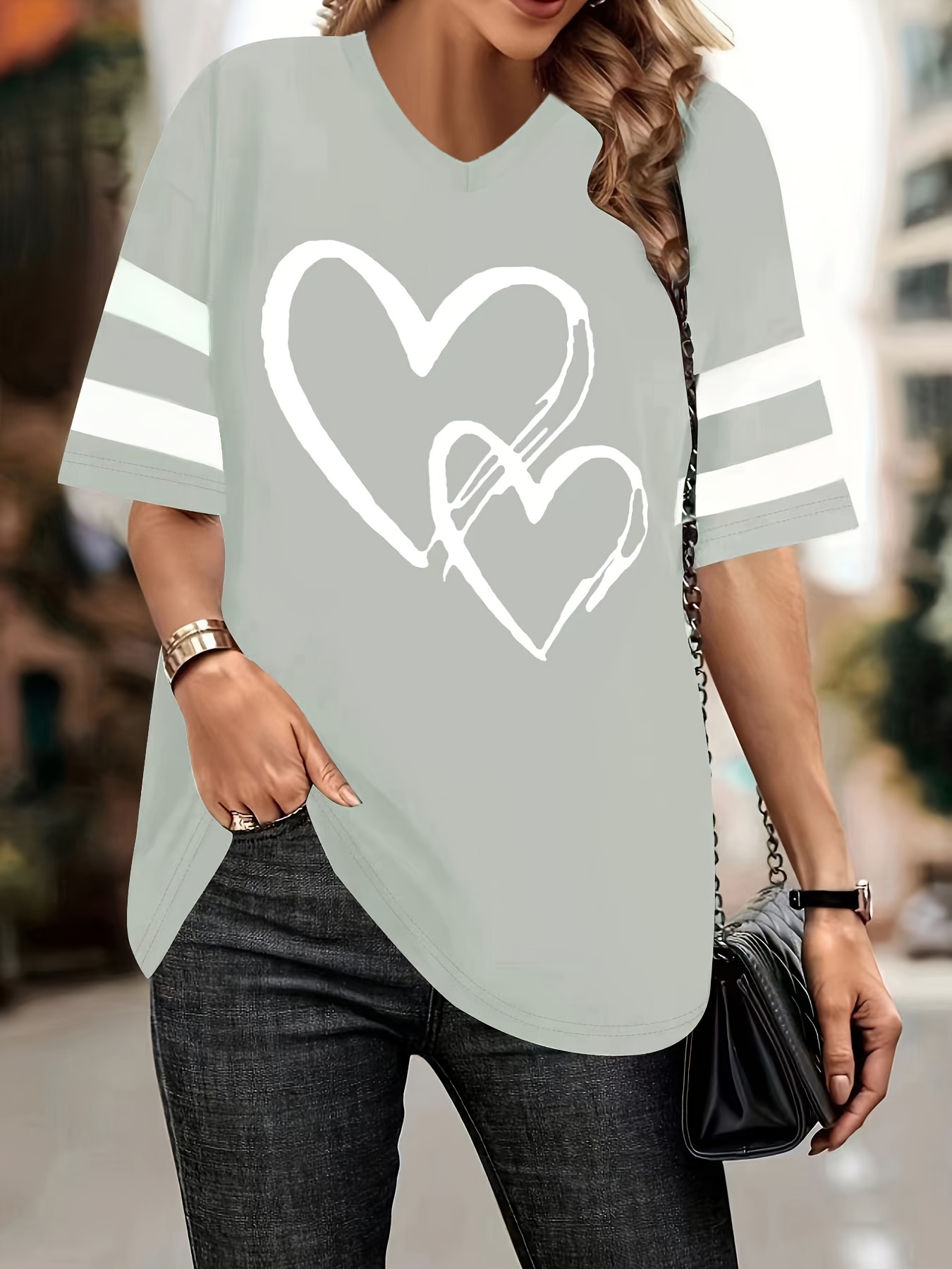 Plus Size, Plus Size Minimalist Heart Print Elegant and Comfortable Short Sleeve T-Shirt for Spring/Summer
