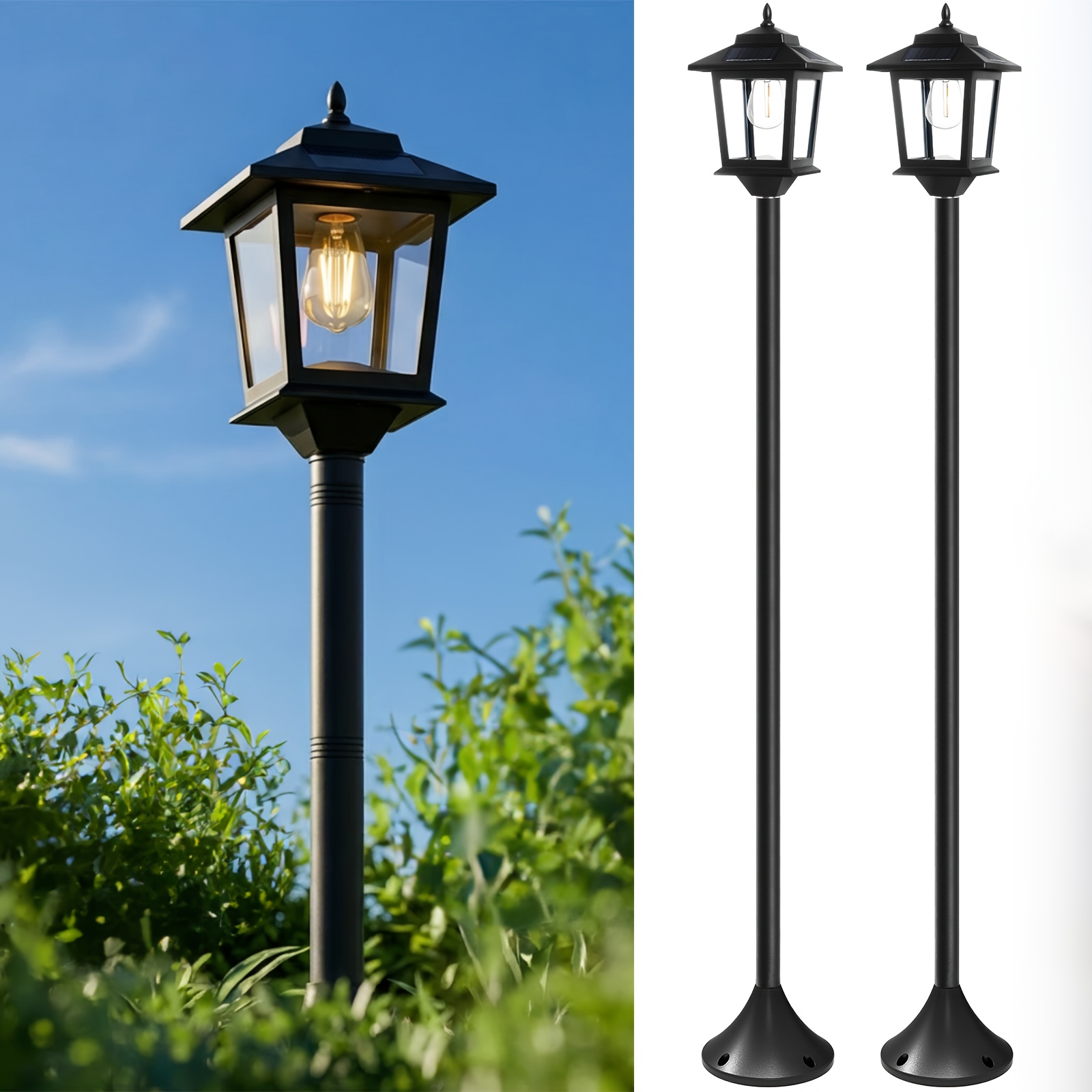 TEMU 2-pack 63" Solar Lamp Post Outdoor, 20lm 1500mah 3000k Light Sensor Switch Ip44, Replaceable Bulb, Warm White Outdoor Lamp All Night, Ideal Gift
