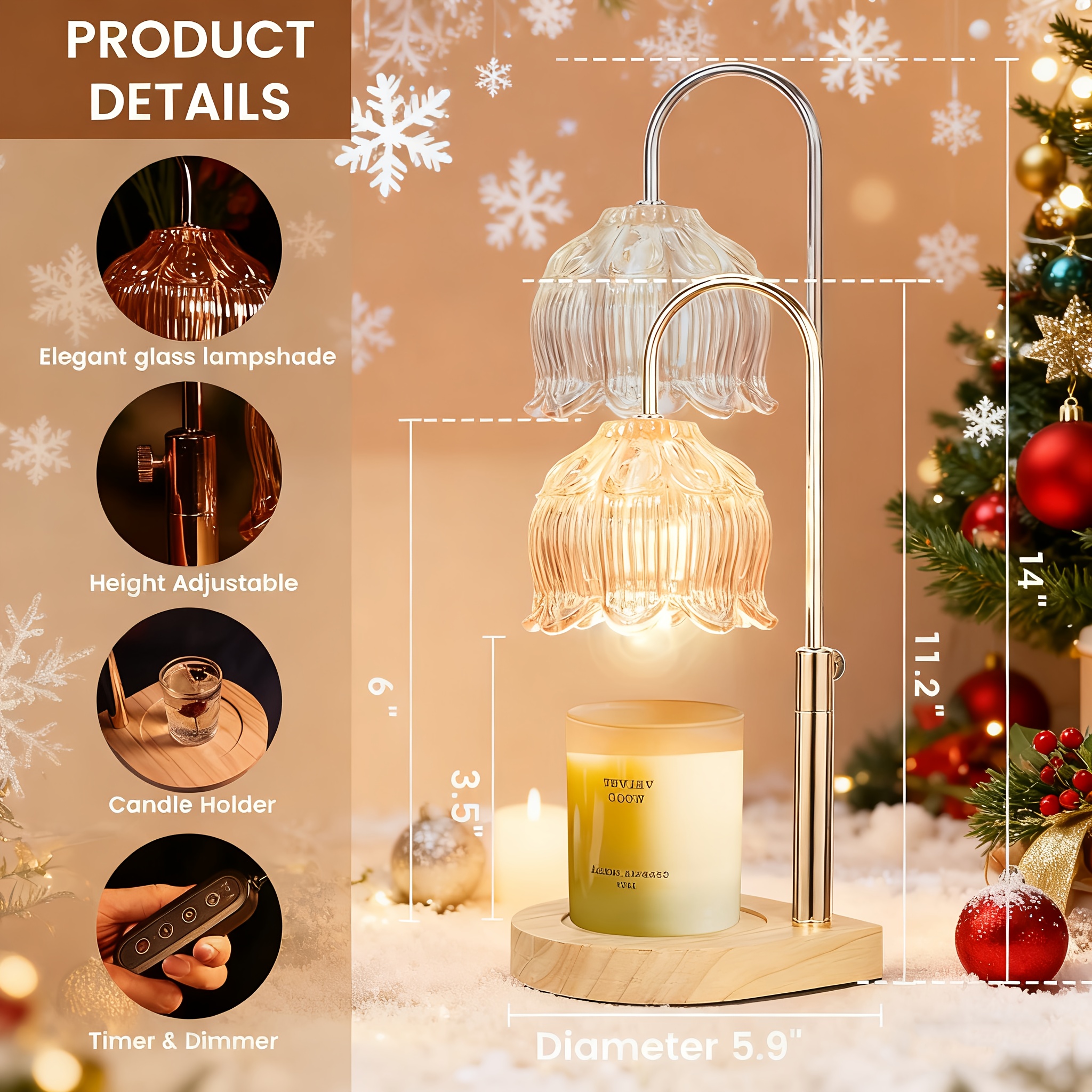 TEMU Adjustable Height Candle Warmer Lamp | Flameless Dimmable Scented Vintage Candle Lamp With Timer, Iron Tabletop, Polished Finish, 120v Plug