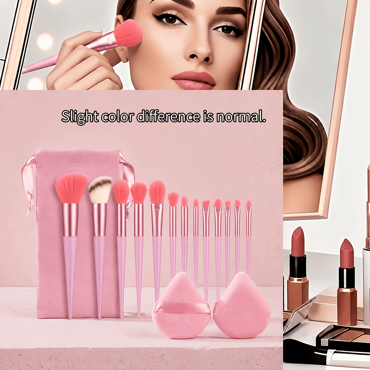 TEMU 1 Set High-quality Professional Makeup Brushes, Including 13pcs Makeup Brushes And 2pcs Makeup Puff And Storage Bag, Soft And Fluffy Foundation