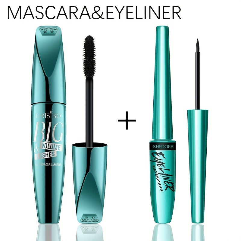 2pcs-8d Black Mascara & Eyeliner Set, Waterproof & Sweatproof, , Black, Lengthening & Volumizing, 24-hour Wear, Gift