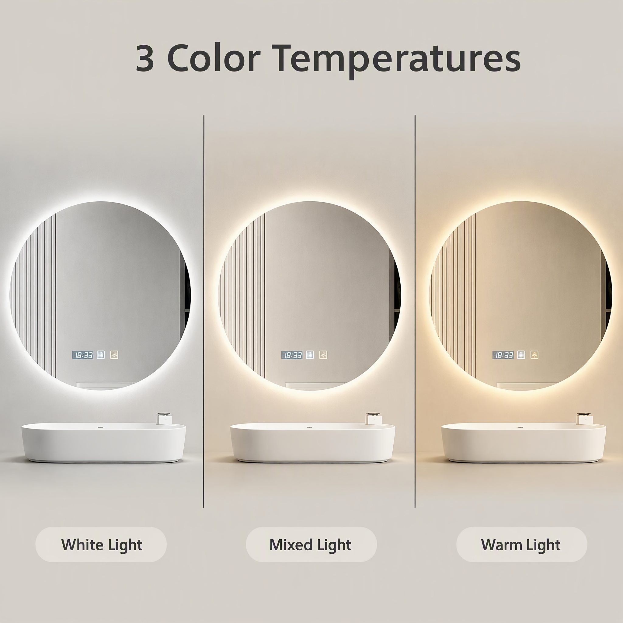 Image of 60cm Round Led Backlit Bathroom Mirror, 3 Colors Dimmable Touch Control Vanity Mirror With Time Display