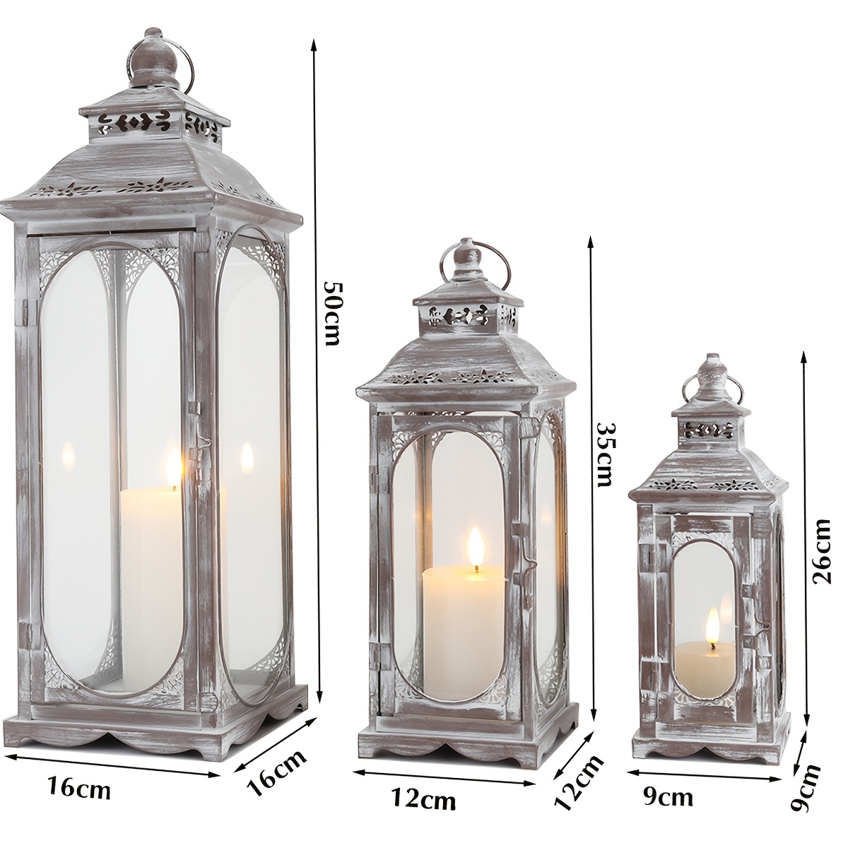 Image of Set Of 3 Vintage Empty Grey Candle Lanterns Metal Candle Holder With Tempered Glass Forhome Living Room Parties Event Wedding Decor (empty Lantern Not Led Candles)