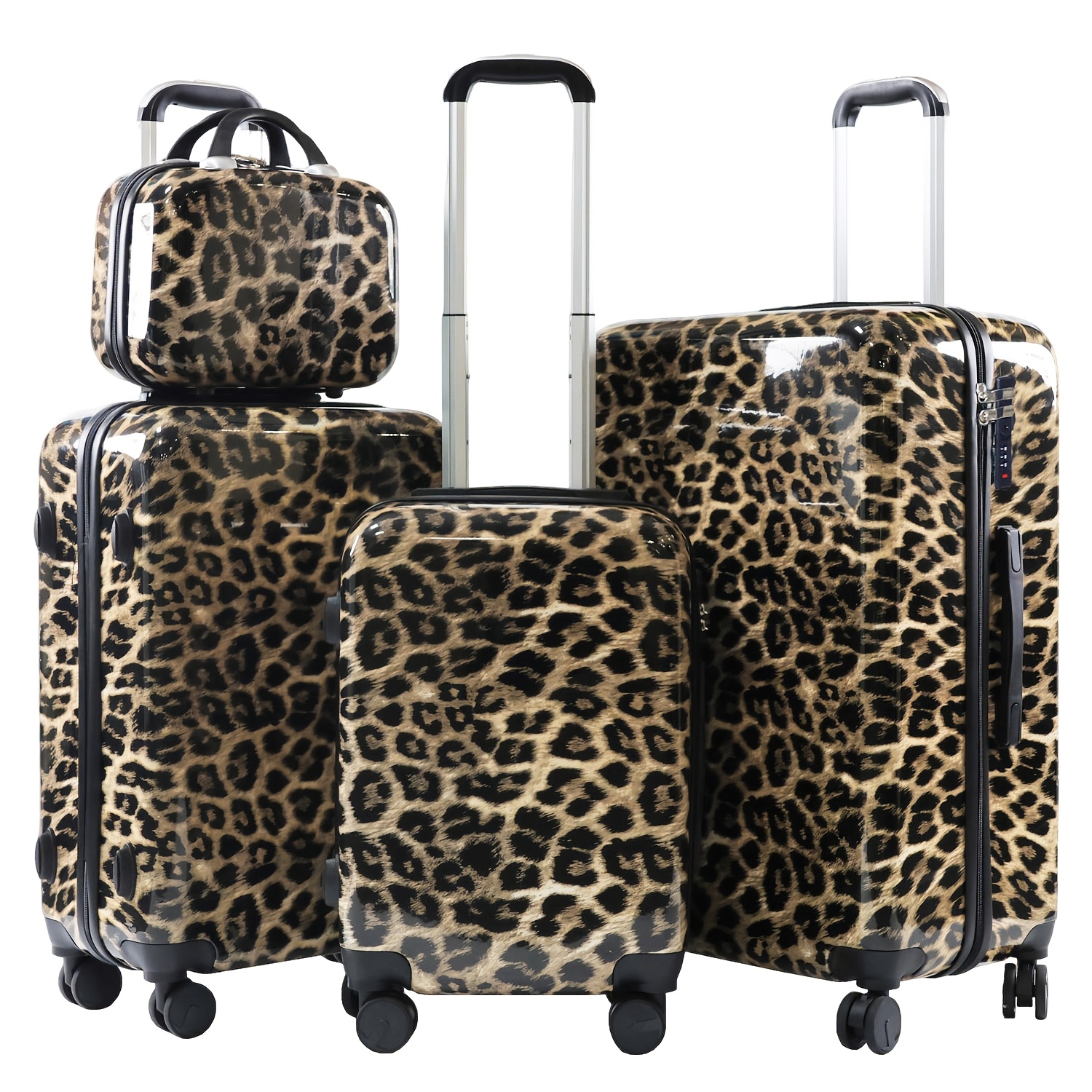 Image of Leopard Print Hardside Luggage 4pcs Set, Suitcase With Cosmetic Bag, Lightweight Hard Shell Travel Luggage Set For Women