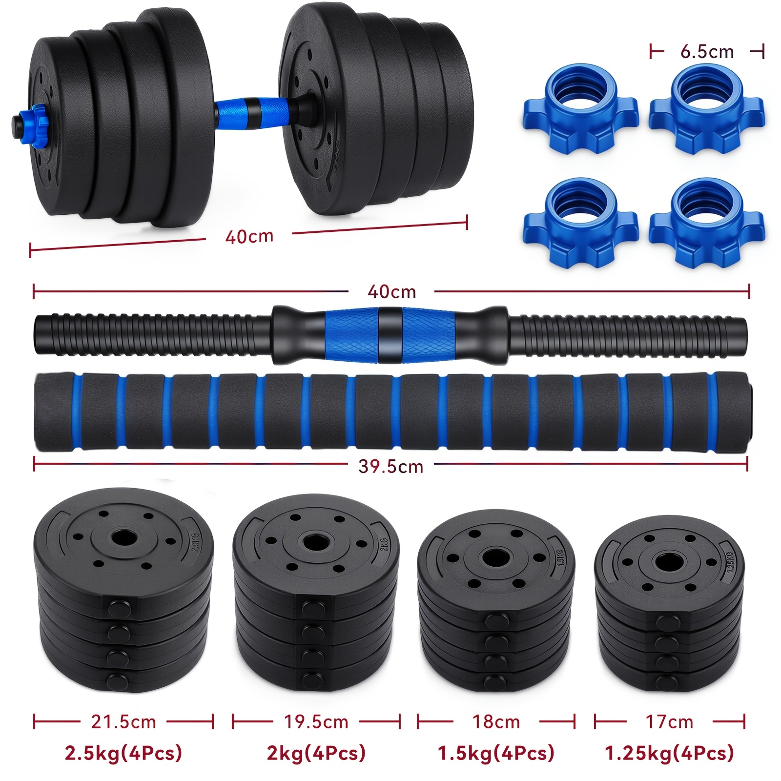 Image of 30kg Adjustable Dumbbell Set With Barbell Connector, Free Weight Set For Home Gym, 2-in-1 Dumbbell & Barbell, Non-slip Grip, Pvc Cement Weight Plates, Strength Training Equipment, Black Blue