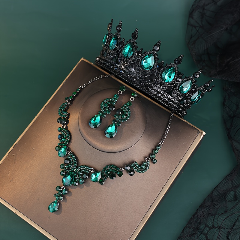 TEMU 4pcs Ensembles de Tiare Gothique Noire avec Strass, Collier Couronne Noire, Sets de Boucles d'Oreilles, Bijoux Vintage Tête de Reine Noire pour