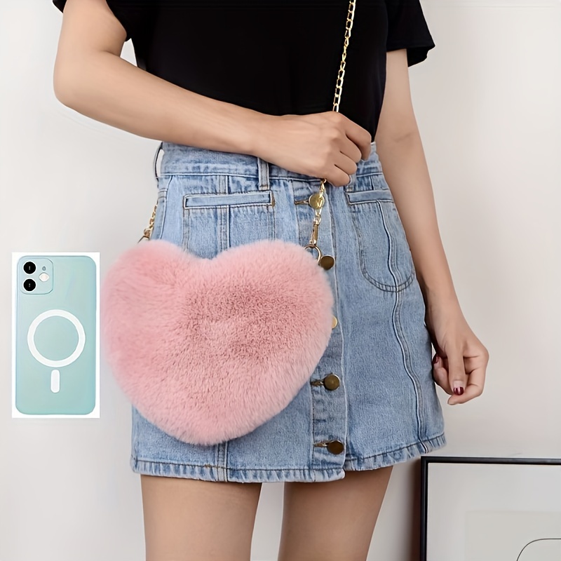 

Elegant Heart-shaped Plush Crossbody Bag With Strap - Fur, Zip Closure, Polyester Lining - Perfect Valentine's Day Gift For Her, Cute Purse