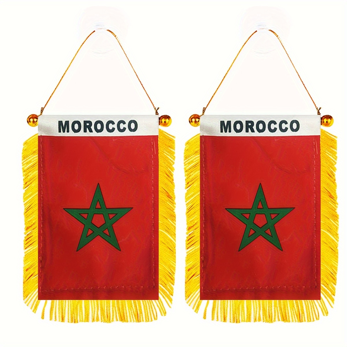 

2pcs, Morocco Window Hanging Flag, Ma Mar Flag 3x4inch 8x12cm Double Side Mini Flag Banner Car Rearview Mirror Decor Fringed Hanging Flag With Suction Cup