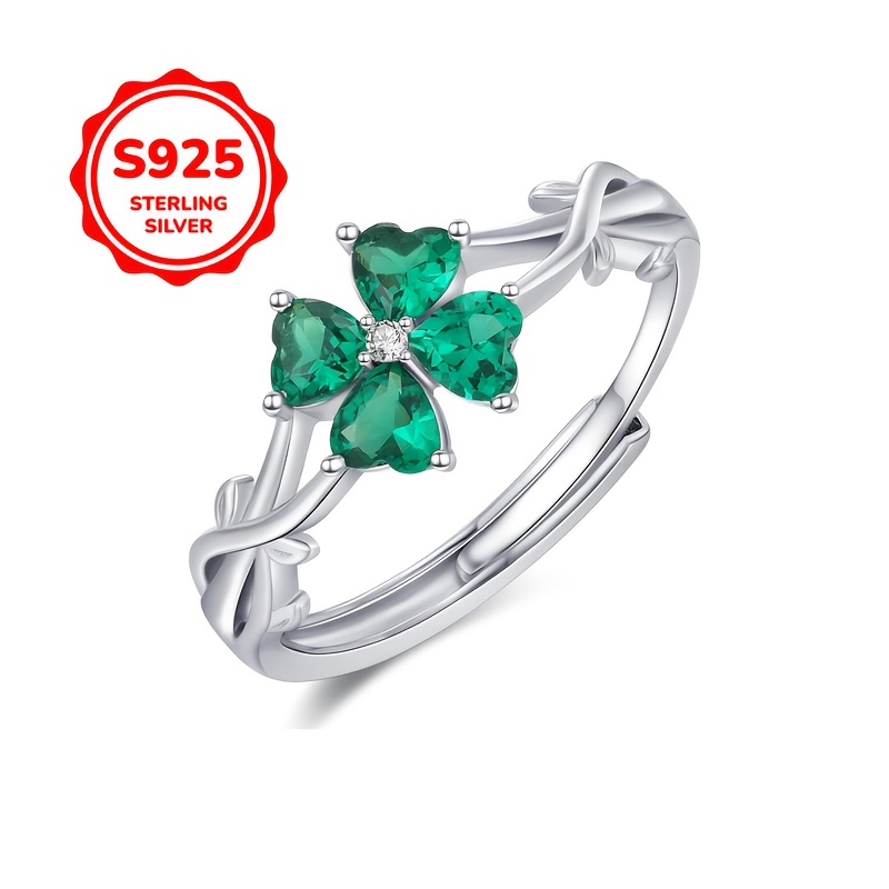St Patrick's 4 Leaf Clover Adjustable Ring S925 Silver Square Zirconia