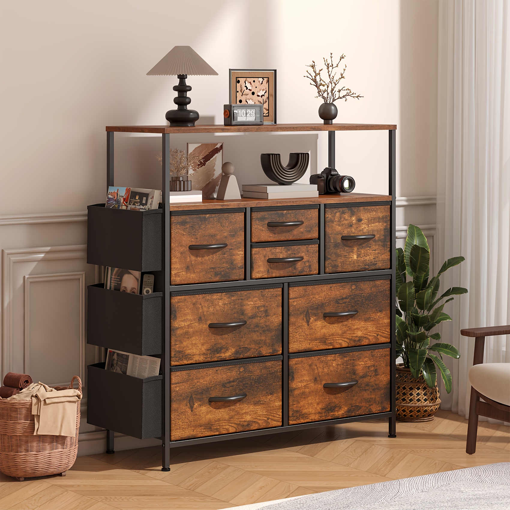 TEMU 90cm High Fabric Dresser In White And Rustic Brown: 8-drawer Chest With A Metal Frame And Sturdy Mdf Top, Includes A Shelf And 3 Side Pockets,