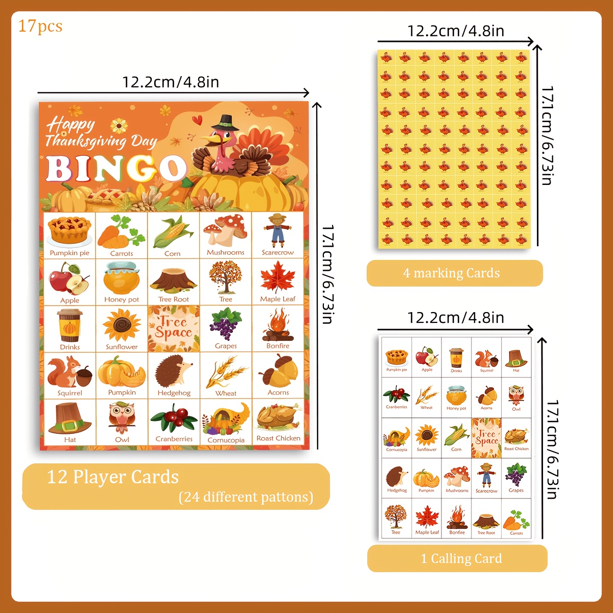 TEMU 17 cartes de jeu de bingo de de dessin animé de Thanksgiving, cartes de bingo amusantes d'automne avec citrouille et feuille d'érable, adaptées