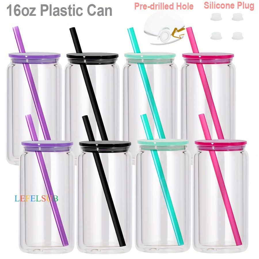 TEMU 4/6/8/25/50 Pack 16oz Plastic Snow Tumbler, Double Wall Cup With Pre Drilled Hole, Clear Plastic Can Shaped Soda Jar Cold Drinks Water Cups For Snow Glitter Diy