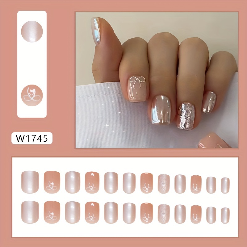 TEMU Easy And Elegant False Nails For Trade, Featuring 3d Bow Designs, Mirror End, Sweet Removable Nail Pieces, In A Set Of 24