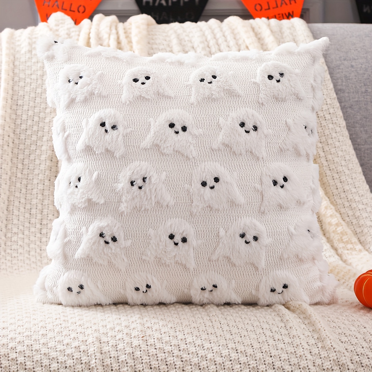 Image of A Halloween Decorative Pillow Cover Featuring Plush Embroidered Pumpkins And For Autumn And Winter