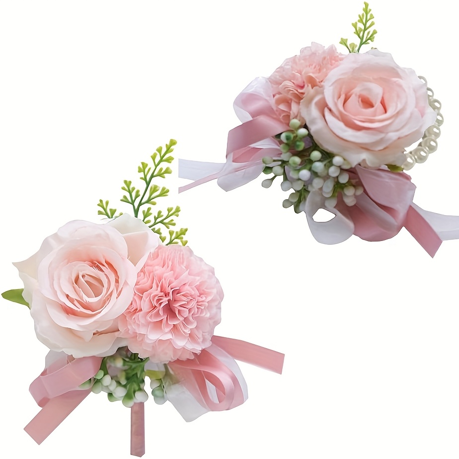 Image of 2pcs Wrist Corsage And Boutonniere Set For Bride Groom Bridesmaids Groomsmen Wedding Homecoming Flowers Prom Suit Additions, Rose Boutonniere And Corsage Wristlet Flower (pink)