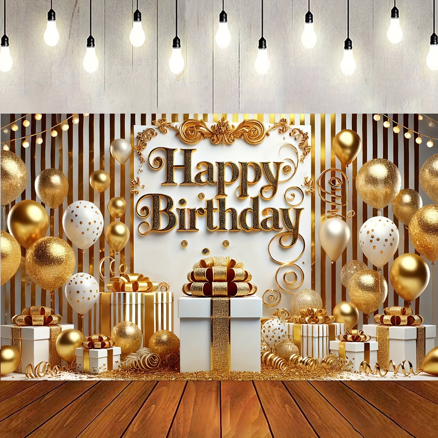 

Happy Birthday Banner - 70.87x43.31" Golden & White Balloon Design, Polyester Party Decoration And Photography Prop