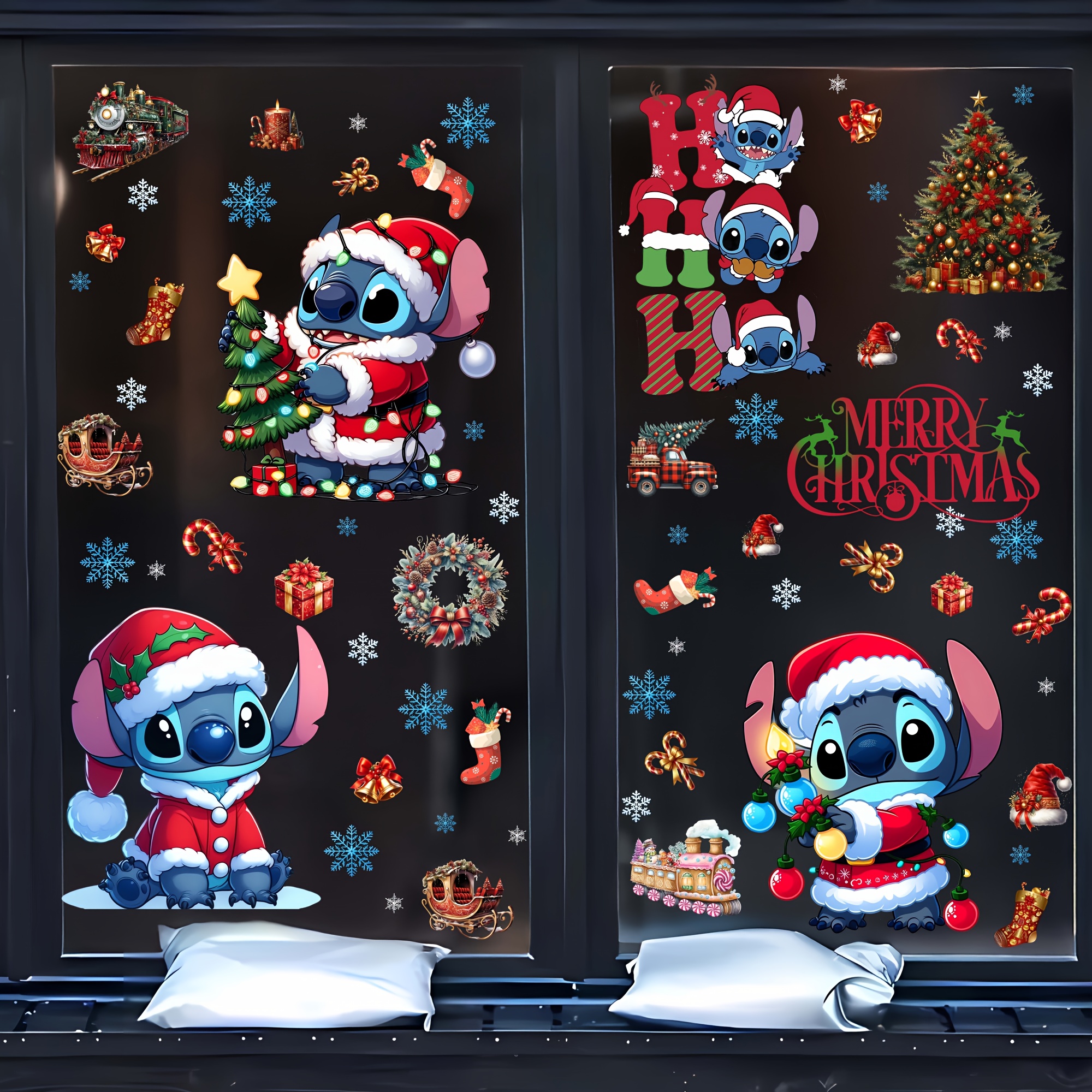 Disney Lilo & Stitch Kerststickers, Huisdecoratie Kunst Decoraties voor Raam Spiegel Achtergrondmuur Thuiskamer, 3 stukjes