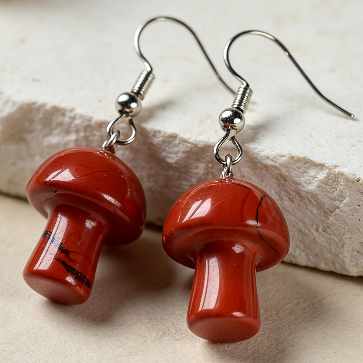 Women's Red Jasper Mushroom Earrings, Bohemian Vintage Style