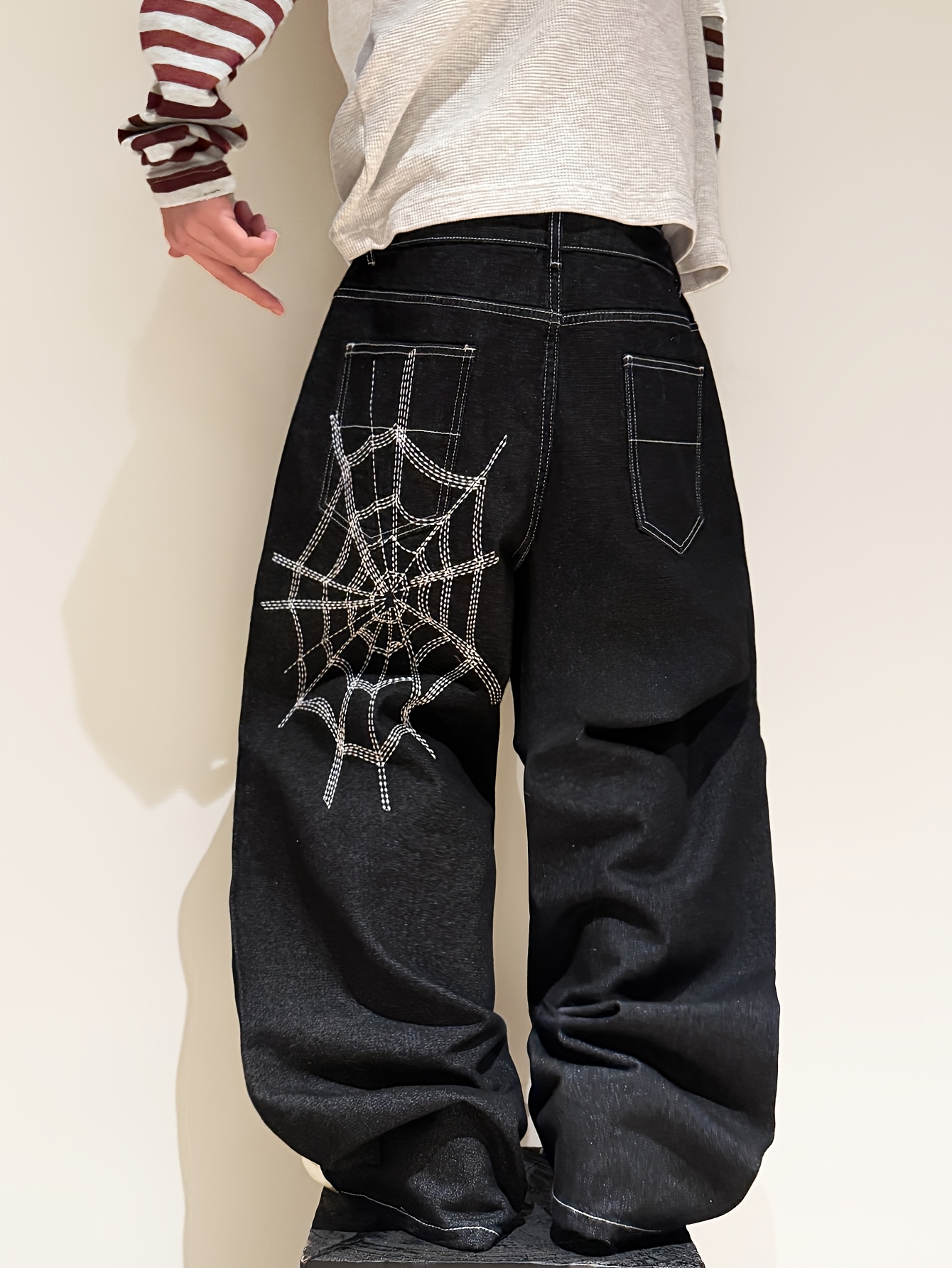 1pc y2k gothic web embroidered jeans men black wide - Temu