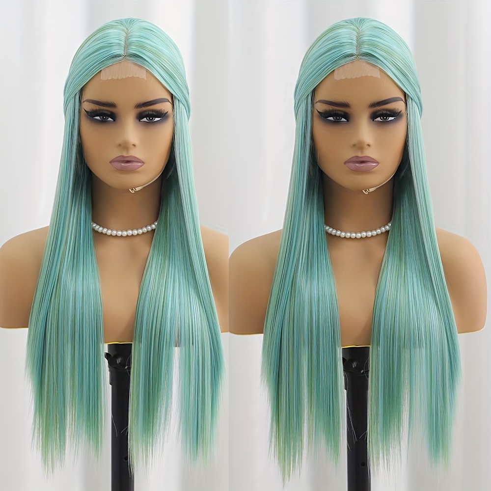 

Sky Blue Silky Straight Synthetic Heat Resistant Fiber Small Lace Wig Middle Part Half Wig For Cosplay Daily Party Use