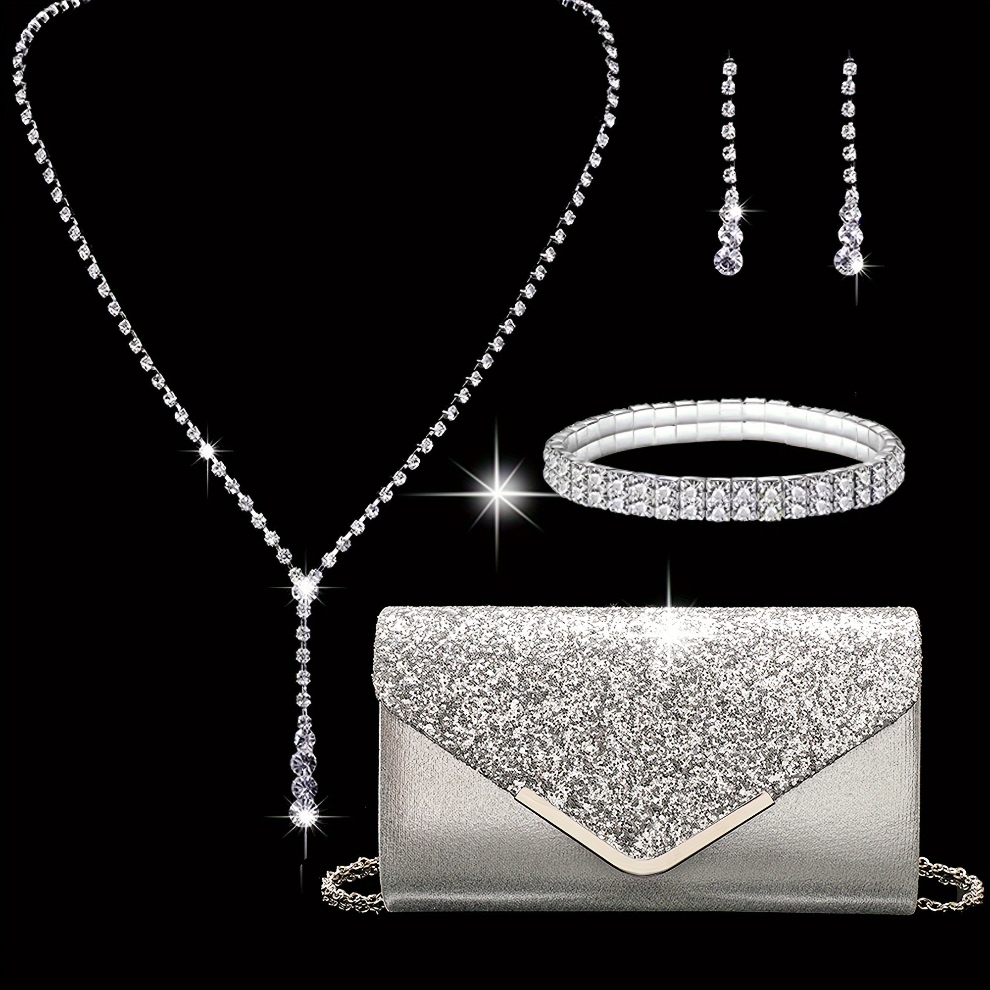 

4pcs/set Glitter Envelope Clutch Bag, Shiny Rhinestone Dinner Purse, Women's Formal Earrings Necklace Bracelet Set
