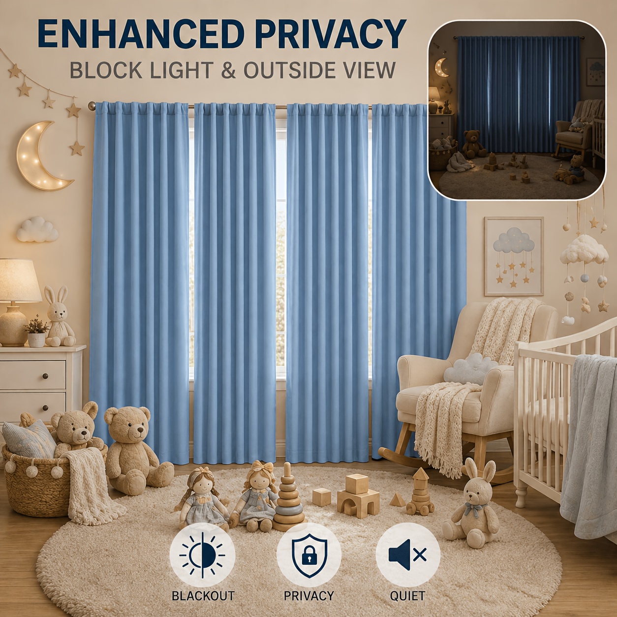 Blue nursery curtain detail