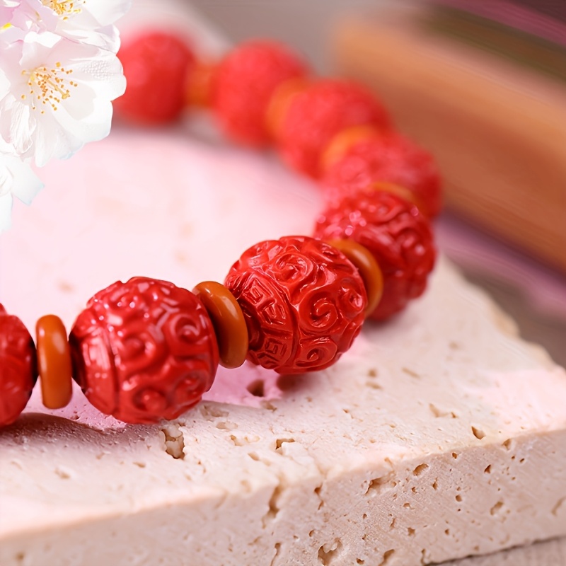 Cinnabar Stone Beaded Bracelet Women 9 10mm Stretch Twisted Pat