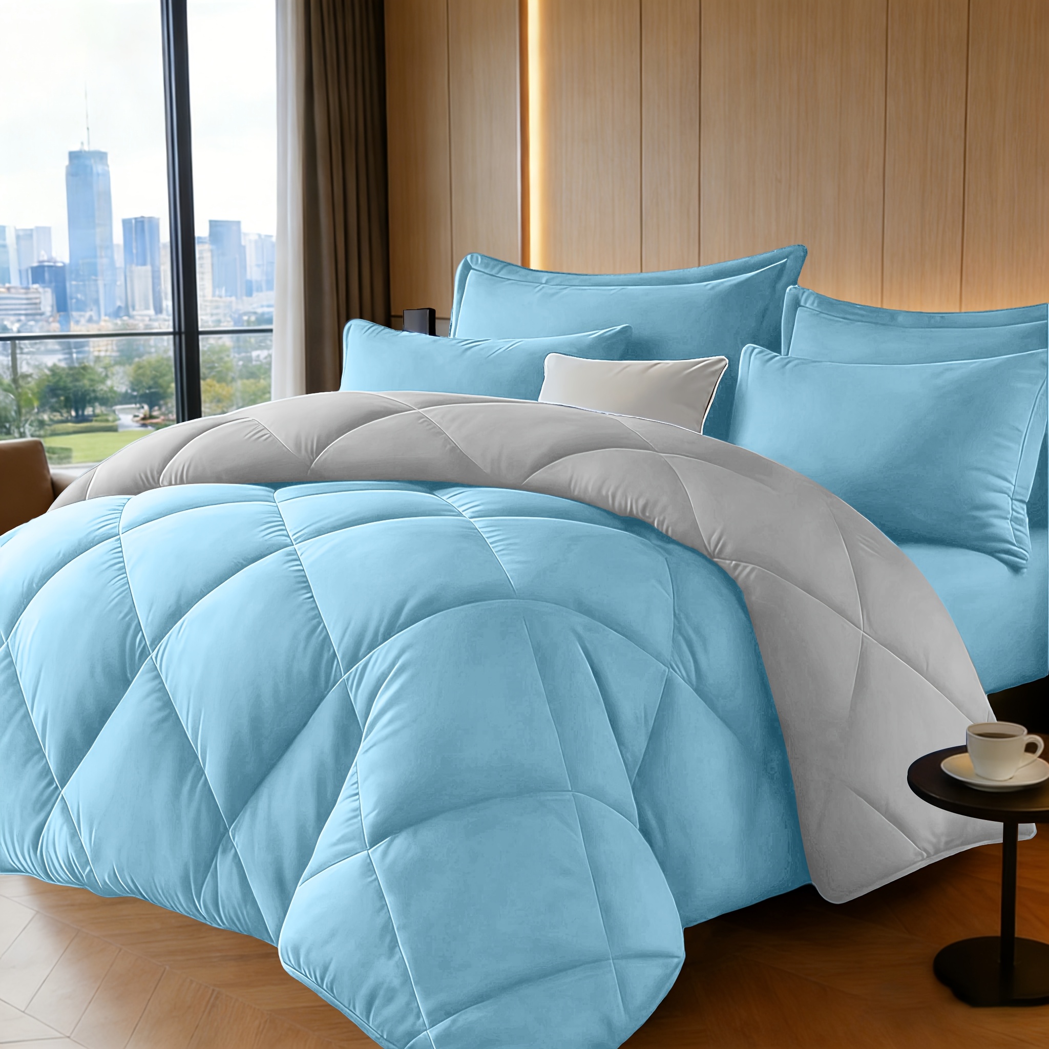 2 3pcs Solid Colour Checkered Comforter Set Soft Fabric