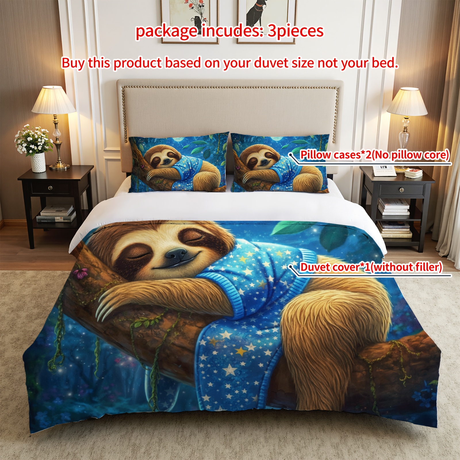 TEMU 3pcs Sleeping Sloth Duvet Cover Set | Starry Sky Background Print, Animal Print, Breathable Polyester, All Season, Machine Washable, , No Insert