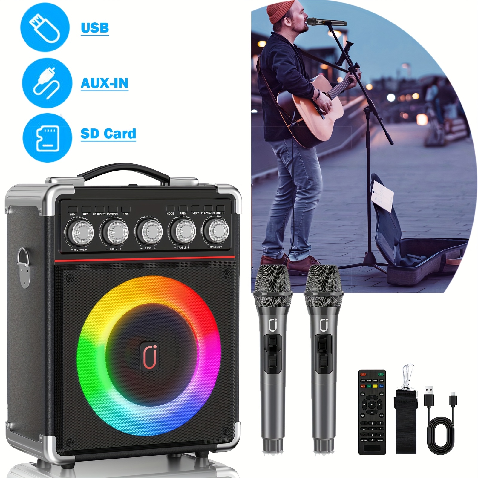 2 kablosuz mikrofonlu, rgb aydınlatma sistemli, usb/tf kartı/aux girişi uzun ömürlü pil ve   ses - akıllı telefonlar/tabletler/dizüstü bilgisayarlar için evde doğum günü noel toplantılar i̇çin taşınabilir tüm bir     partisi 0