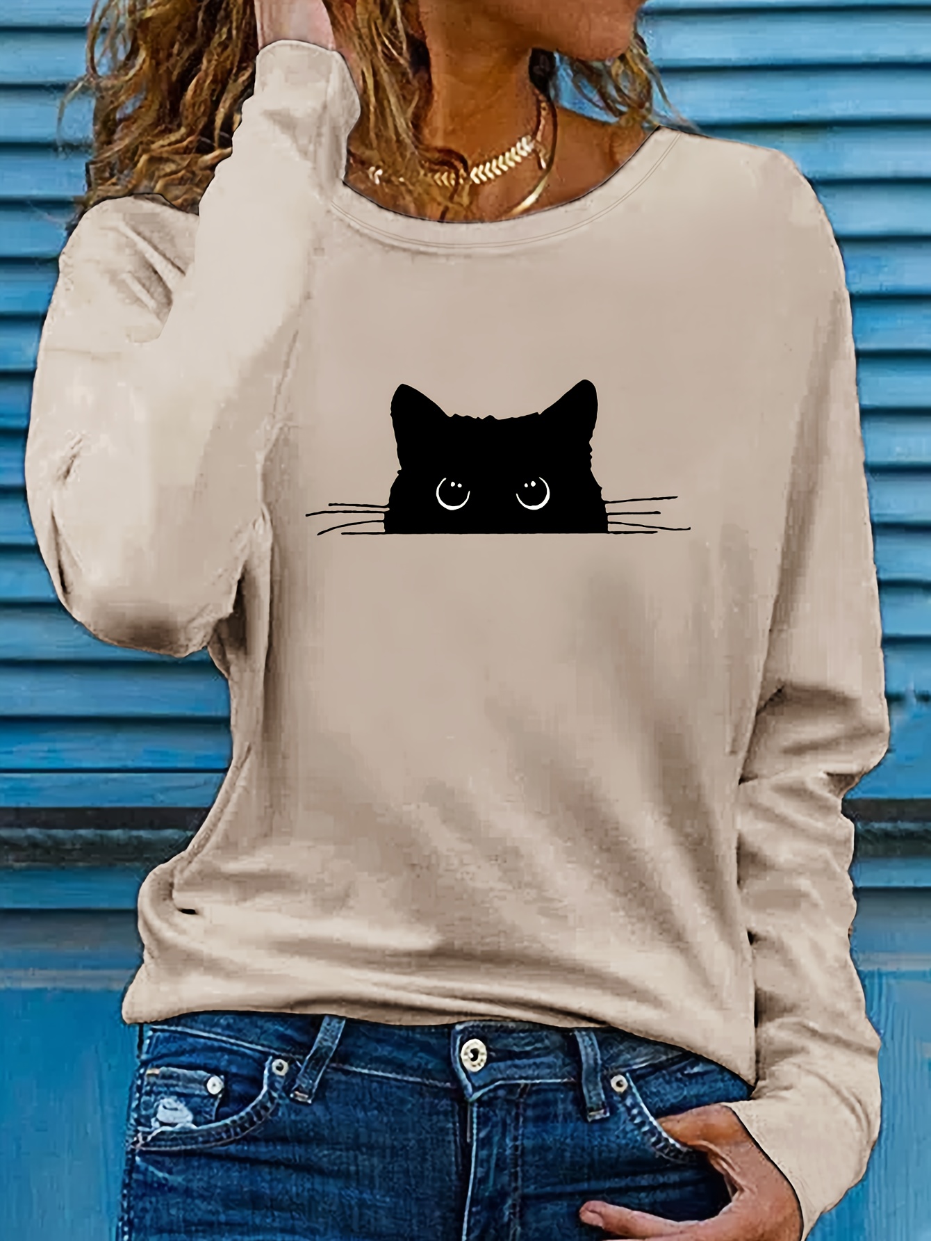 Gato Camisas Estampadas Para Dama Camiseta Casual Larga Mujer