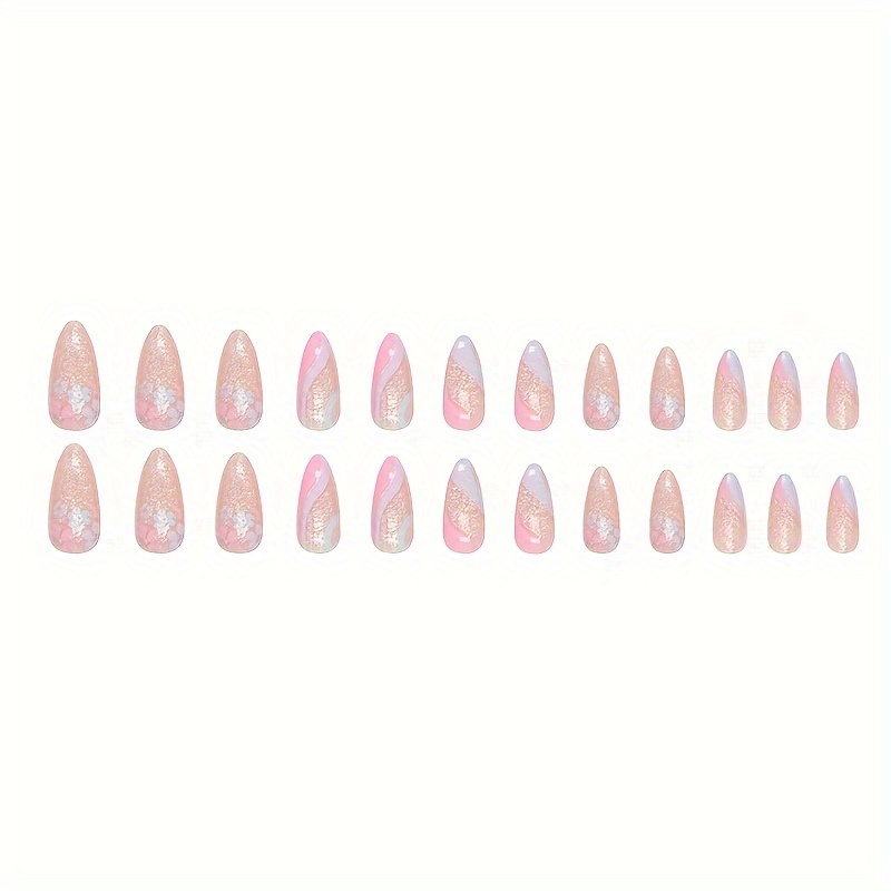 24pcs box summer sparkling false nails striped fake nails medium almond shape floral press on nails details 3