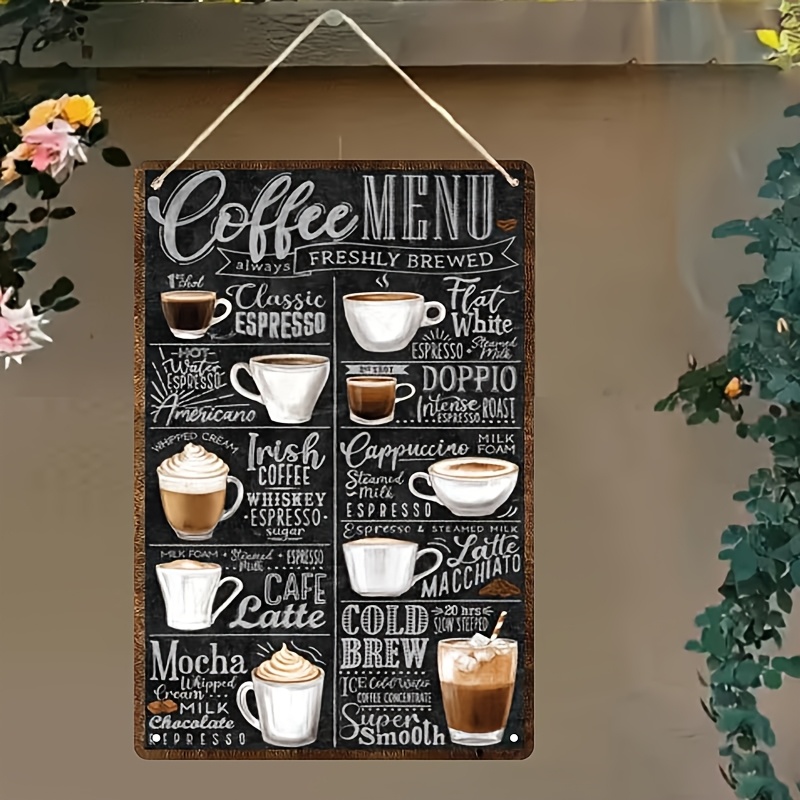 vintage menu metal sign 20 32x30 48cm featuring a   of flavors from classic espresso to cold brew mocha suitable for rustic wall decor in homes cafes bars and garages ideal for decorating living rooms bedrooms kitchens and garages