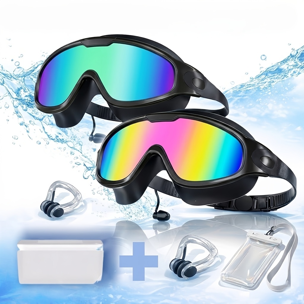 TEMU 2pcs Swim Goggles Set With Earplugs, Nose Clip & Waterproof Bag, Uv Protection Swimming Goggles For Men, Women & Teens, Ideal For Outdoor