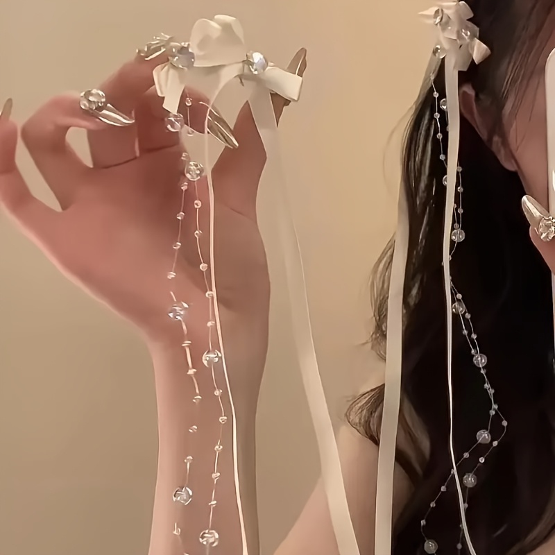 Set Of 2 Ribbon Hair Clips With Pearl Beads And Hanging Tassels - A Balletcore Bohemian Chic Accessory For Women, Perfect For Styling Bangs, Elegant Enough For Everyday Use And Gifting
