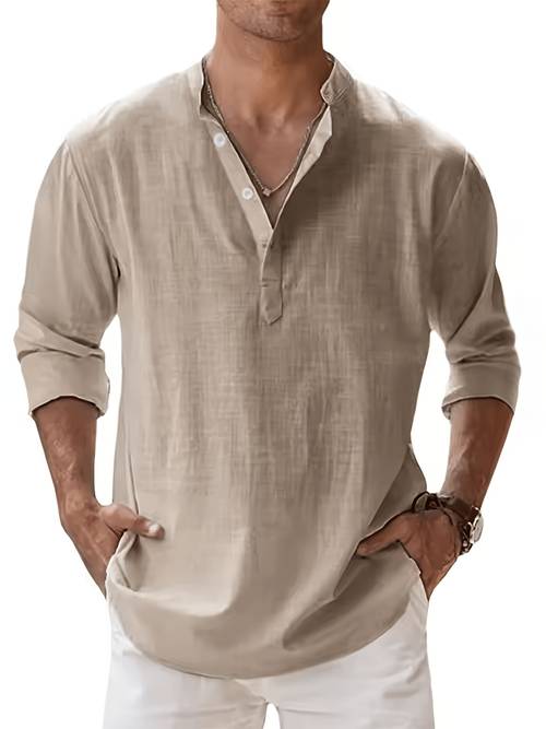 mens stand collar long sleeve henley shirt linen casual shirt versatile loose fit commuter top