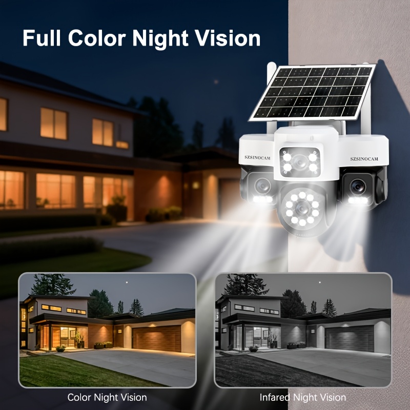 Cámara de seguridad exterior solar 4G AOV con 4 lentes y 4 pantallas 1296P, compatible con grabación 7*24H, con cuatro lentes y vista cuádruple, videovigilancia CCTV, rotación PTZ 360° panorámica/inclinable, seguimiento de movimiento, detección humana PIR, audio bidireccional, visión nocturna a todo