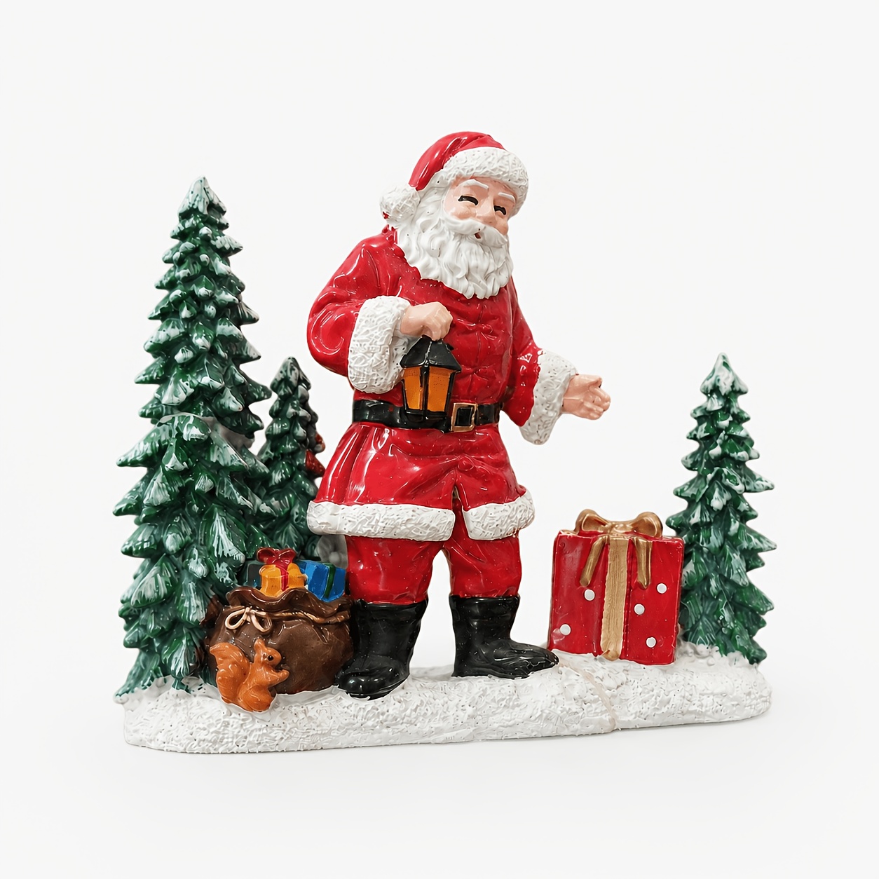 TEMU 1pc Christmas Holiday Santa Resin Sculpture, Snow-covered Pine Tree Gift Box Ornament Statue, Traditional Christmas Desktop Display Craft,