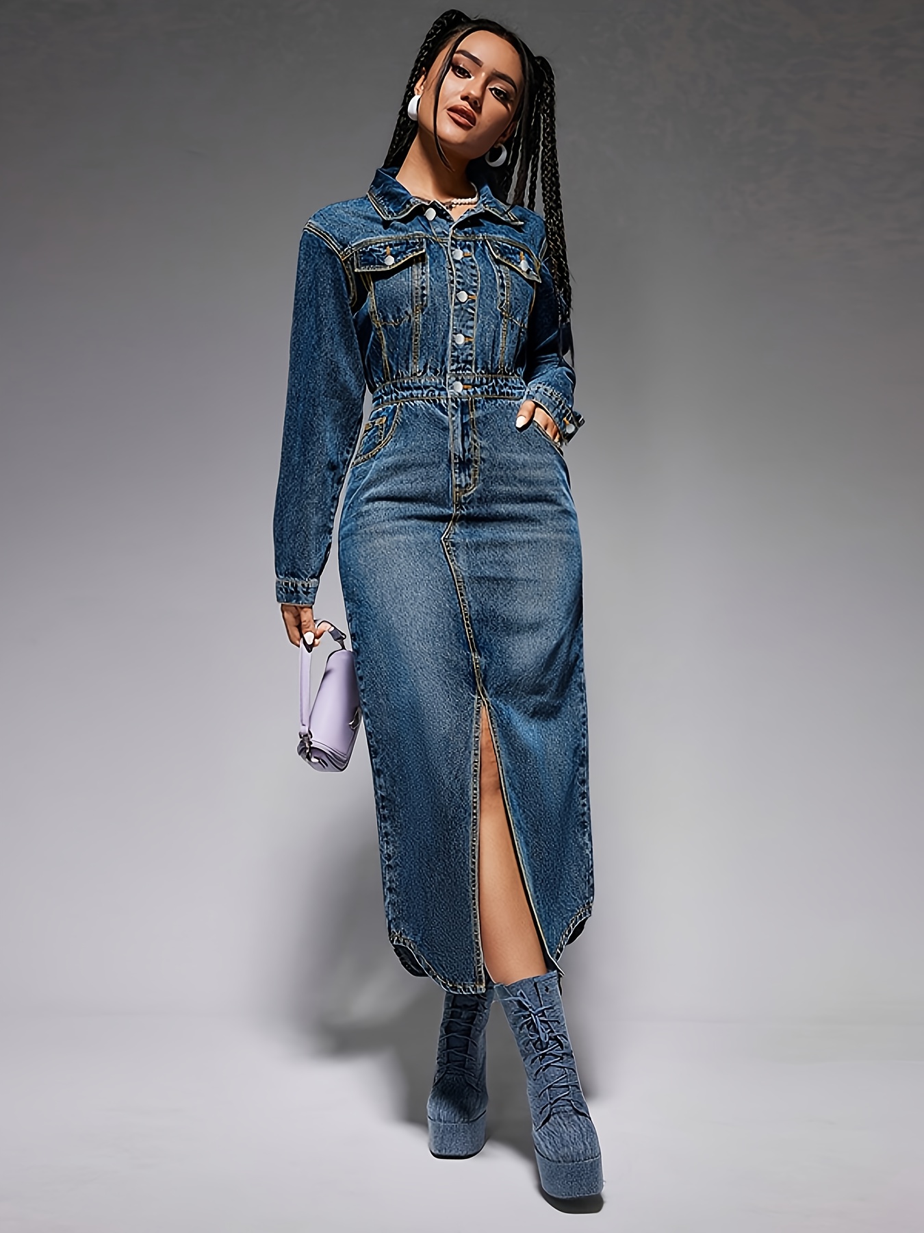 chinese dress ladies Women's Casual Denim Dress Long Sleeve Lapel Button Down Maxi Jean Shirt  Dresses,Blue,Small at Amazon Women's Clothing store