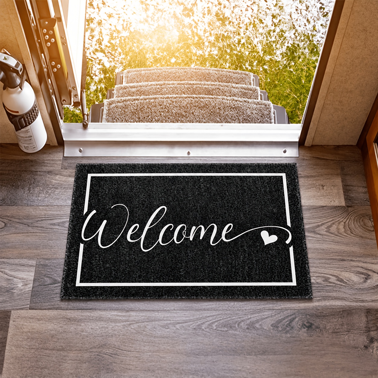 TEMU 1pc Black Background With White Frame "welcome" Square Doormat, Super Cozy For Home Entry, Suitable For Family Entrance Welcome Mat, Kitchen,
