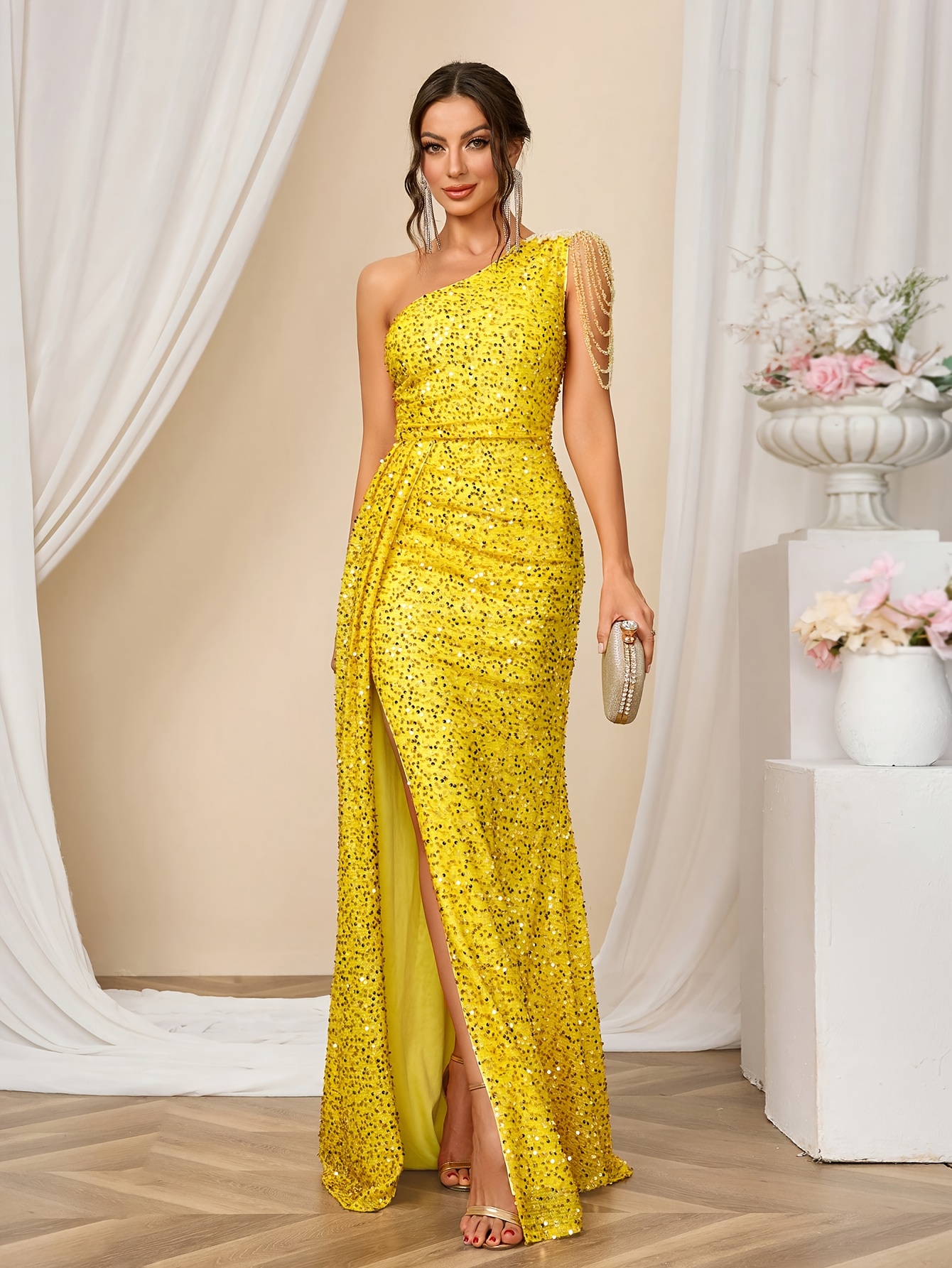 Elegant One-Shoulder Sequin Bridesmaid Dress, Polyester Bodycon Evening  Gown, Solid Color Sleeveless Long Dress for Summer Parties and Banquets