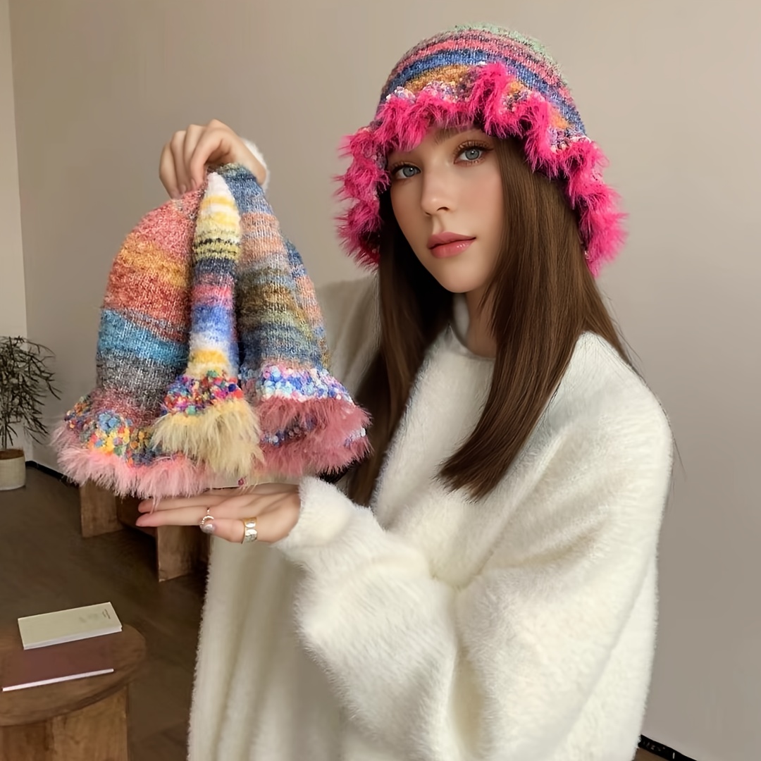 

Vintage Style Striped Knit Bucket Hat With Trim - Casual Or