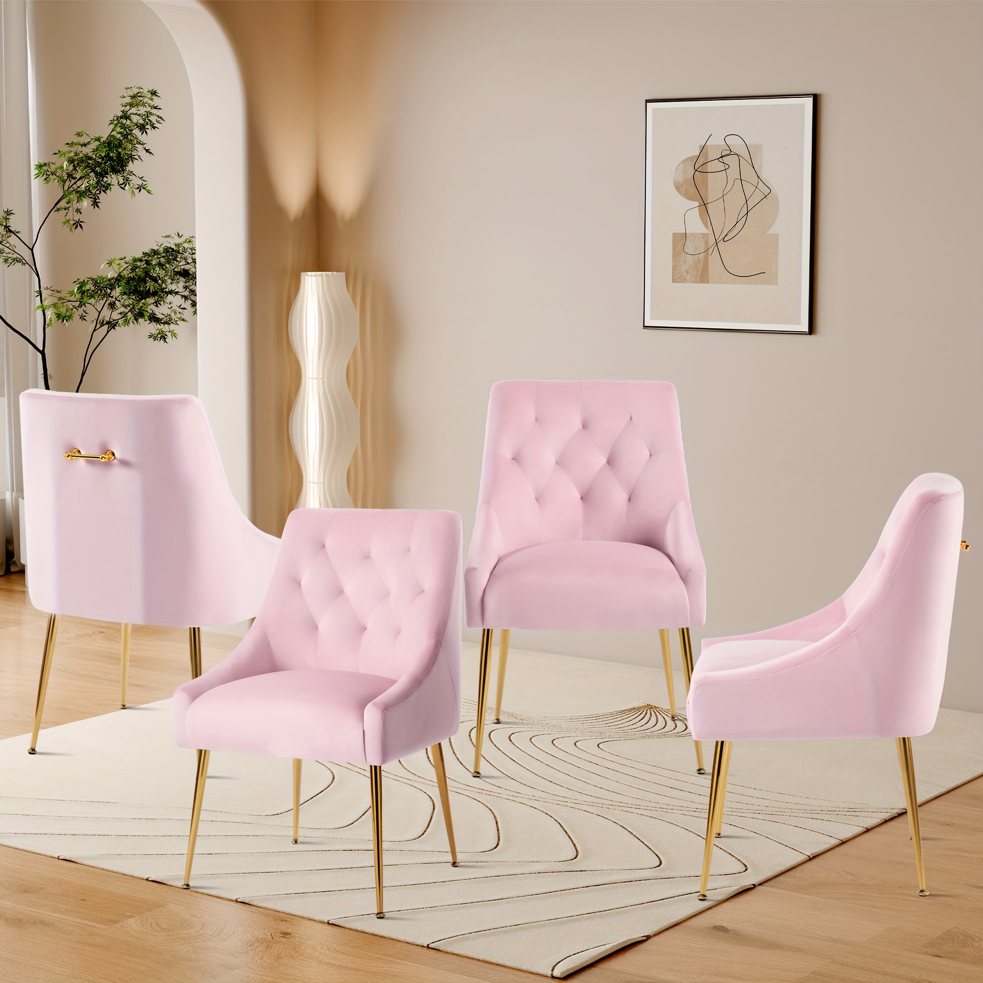 TEMU Juego de 4 Sillas de Comedor de Terciopelo con Patas Doradas, Silla de Comedor de Estilo Mid Century con Respaldo y Barra de Tirón, Sillas de
