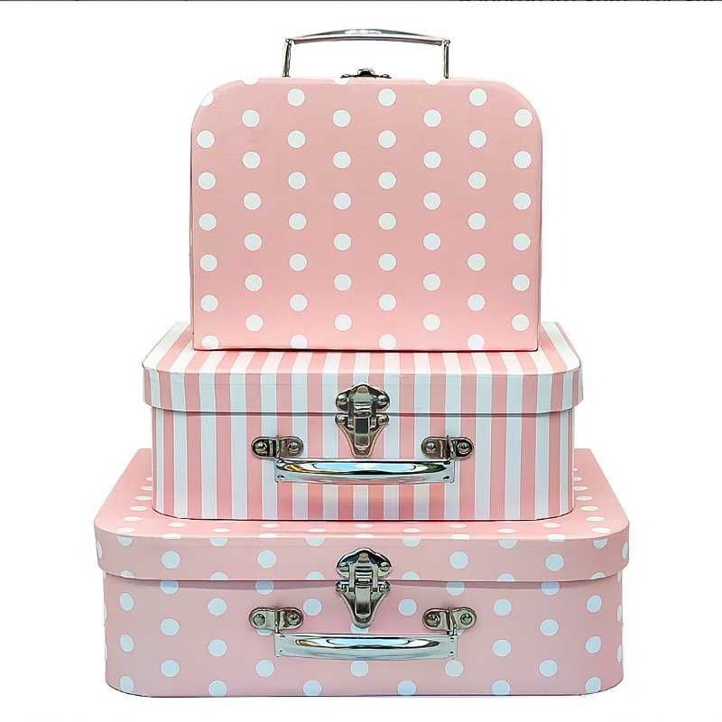 

3pcs Vintage Style Lidded Cardboard Suitcase Gift Box Set - Polka Dot & Striped Design, Case For Wedding, Party Favors, Toy & Accessory Storage, Floral & Keepsake Display, Storage Bins For