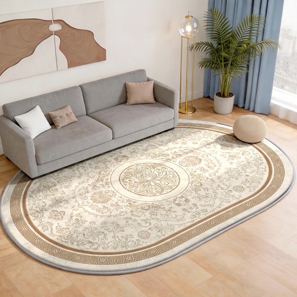 TEMU 1pc New Chinese Style Oval Velvet Rug, Cream-style Large Area Floor Mat For Living Room, Rug, Retro European Pattern Table Runner, Bedroom