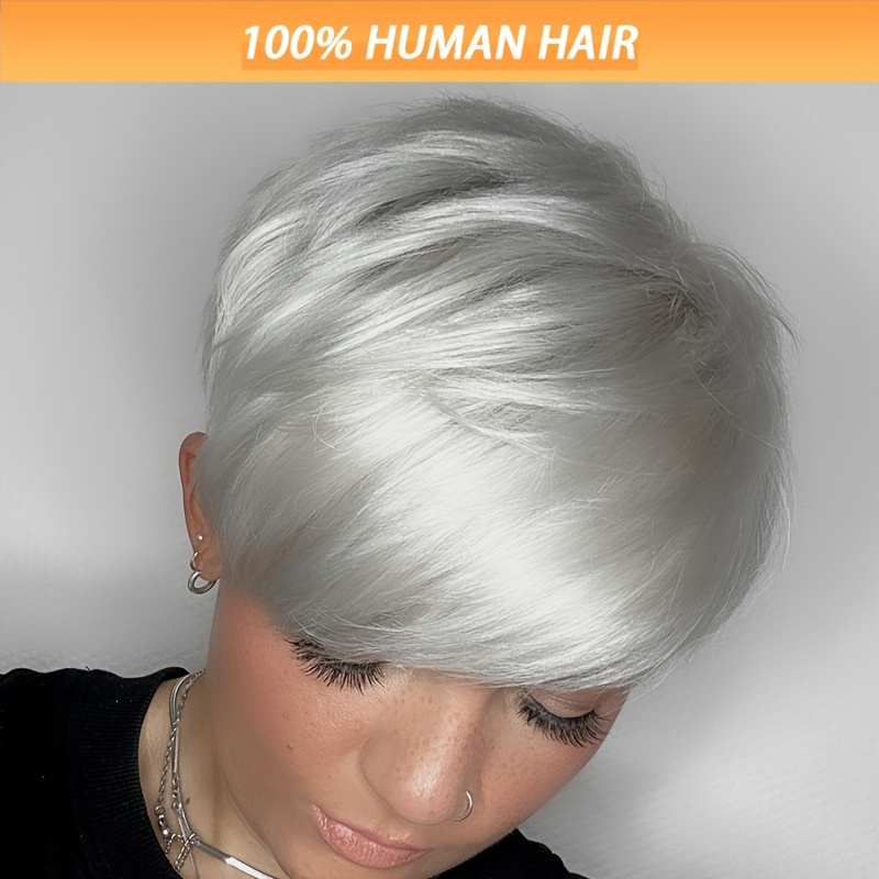 

Short Ombre Gray Cut Hair Wig With Bangs For Human Hair Cut Glueless Layered Wig Grey Wigs For Christmas Party, Cosplay, Daily Use Glueless Full Machine Made Wigs